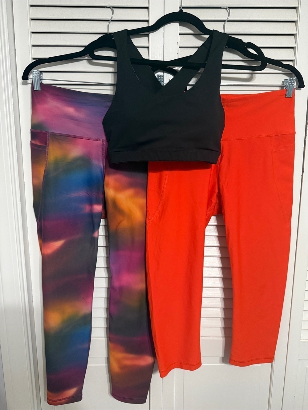 Black Sports Bra with Multicolor Watercolor & Bright Orange Leggings